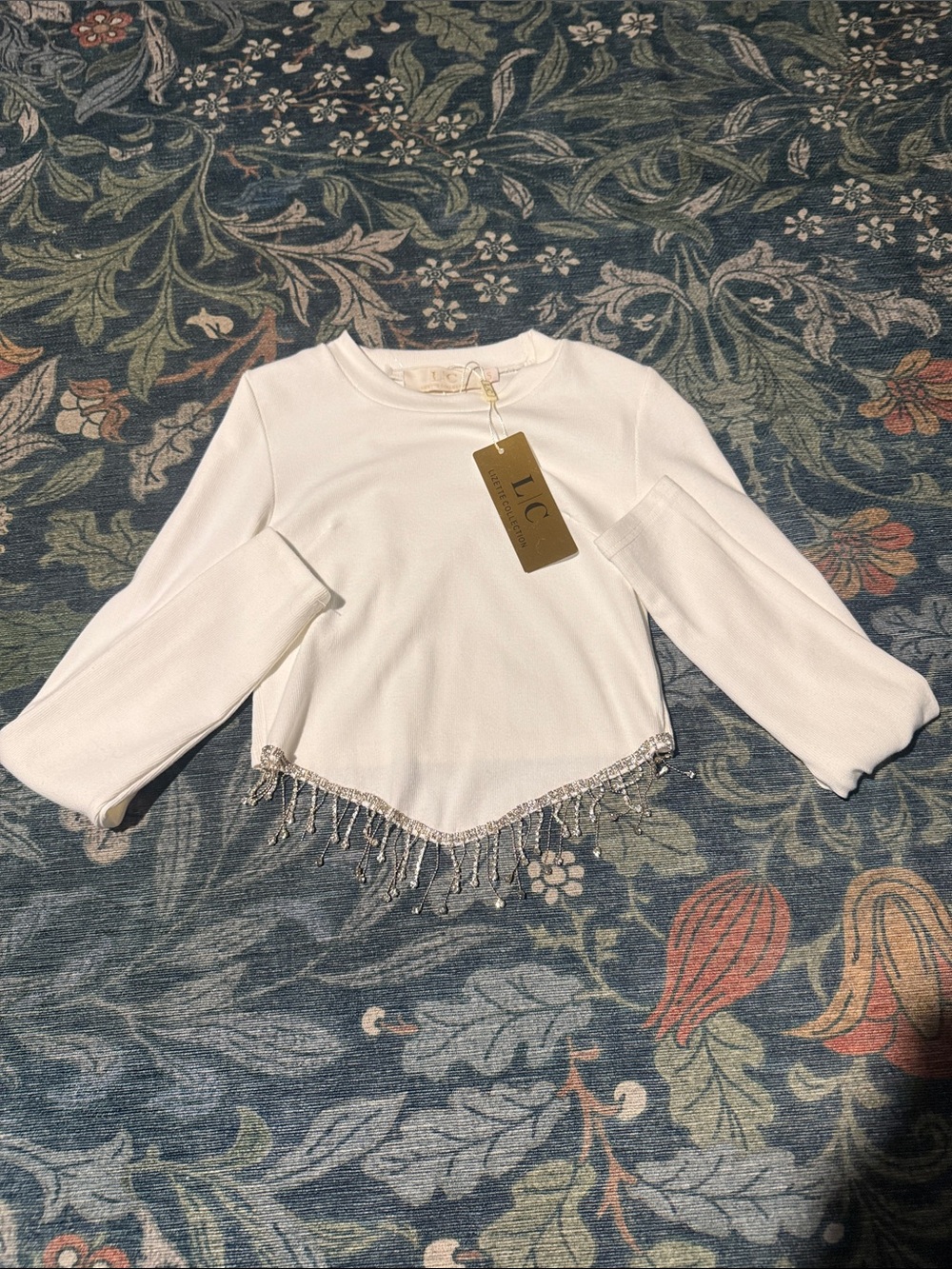 Women’s ' White Beaded Fringe Long-Sleeve Top